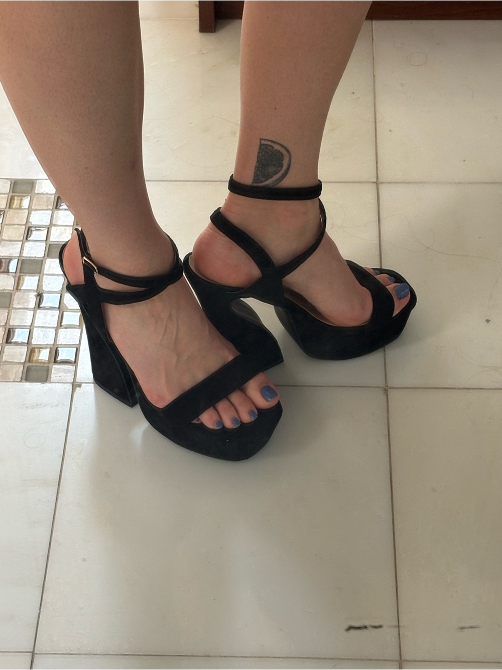 Nasty Gal Black Suede Platform Block Heels with Ankle Straps